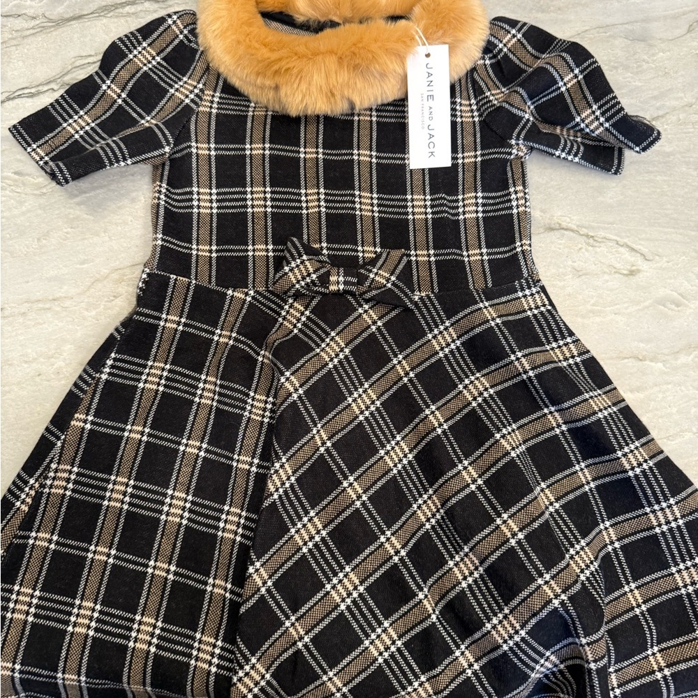 NWT - Janie and Jack Black and Tan Plaid Dress (girls 4) with Faux Fur Collar